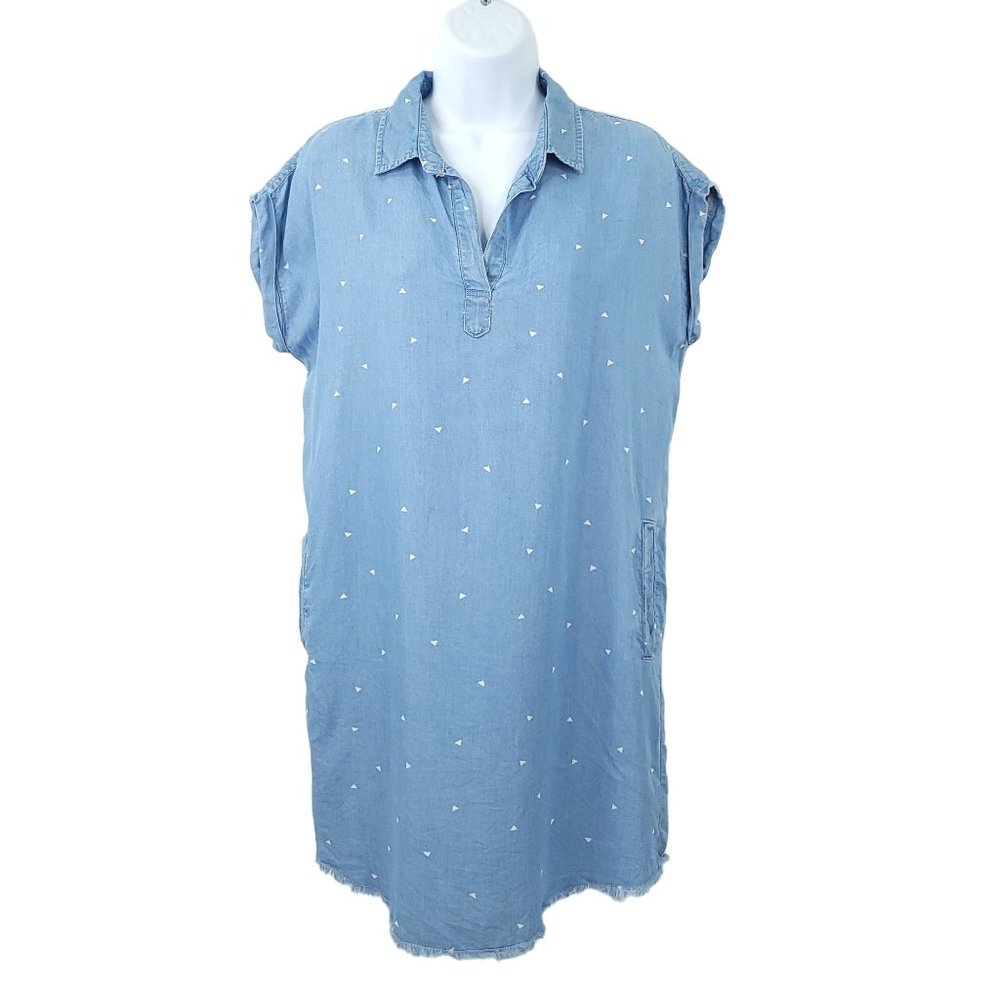 Thread Supply Tab Sleeve Chambray Raw Hem Dress Womens Size S Blue Short Sleeve